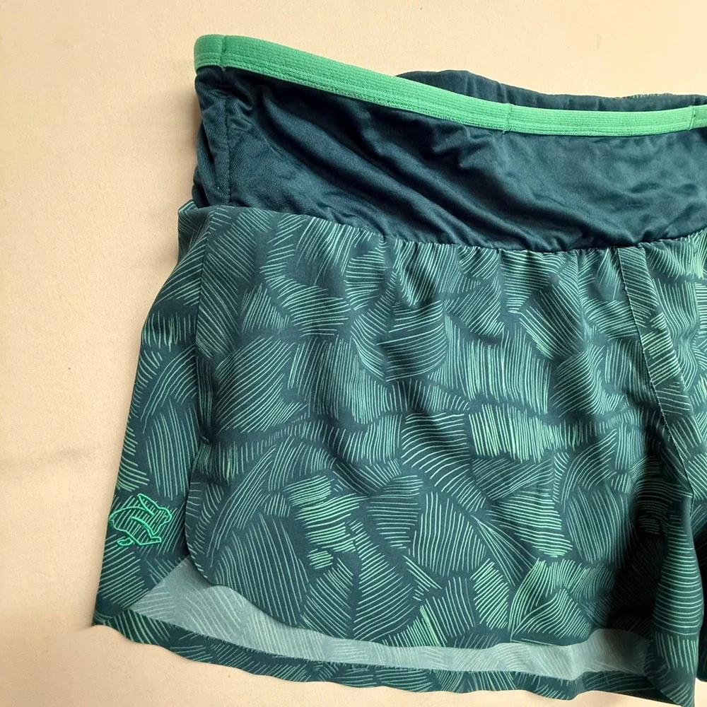 Rabbit RW244 Womens XL Running Shorts Tropical Print Lined Zip Pocket Teal